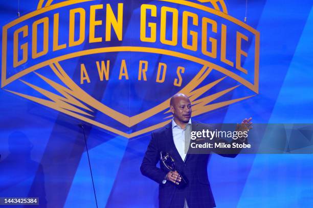 Anthony Nesty speaks after receiving the Coach of the Year award during the 2022 Golden Goggle Awards at the Marriott Marquis on November 21, 2022 in...