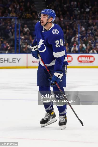 Nicholas Paul of the Tampa Bay Lightning skates against the Boston Bruins during the third period at Amalie Arena on November 21, 2022 in Tampa,...