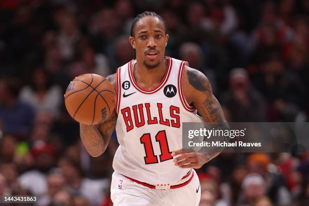 DeMar DeRozan of the Chicago Bulls dribbles up the court against the Boston Celtics during the second half at United Center on November 21, 2022 in...