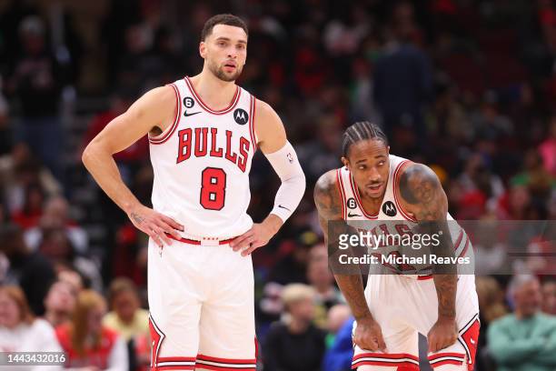 Zach LaVine and DeMar DeRozan of the Chicago Bulls look on against the Boston Celtics during the second half at United Center on November 21, 2022 in...