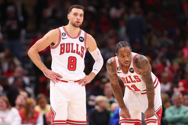 Zach LaVine and DeMar DeRozan of the Chicago Bulls look on against the Boston Celtics during the second half at United Center on November 21, 2022 in...