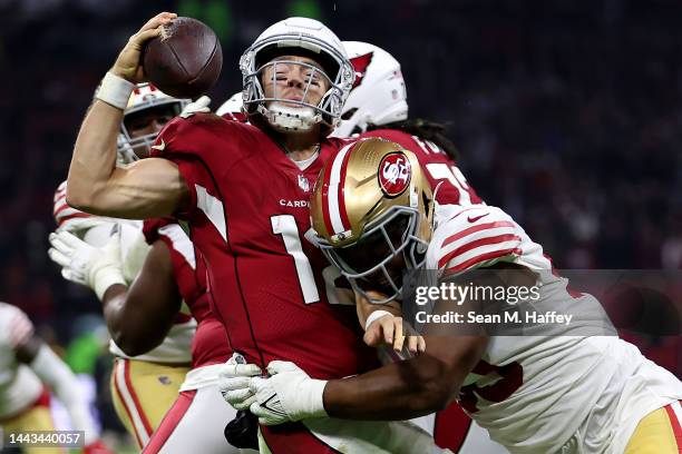 Kevin Givens of the San Francisco 49ers sacks Colt McCoy of the Arizona Cardinals during the second half of a game at Estadio Azteca on November 21,...