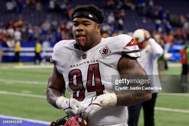 Daron Payne of the Washington Commanders walks off the field after a win over the Indianapolis Colts at Lucas Oil Stadium on October 30, 2022 in...