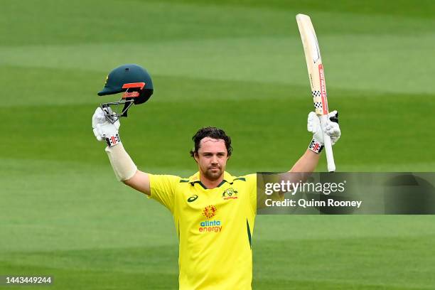 Travis Head of Australia celebrates making a century during game three of the One Day International series between Australia and England at Melbourne...