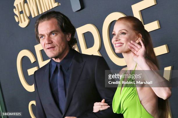 Jessica Chastain and Michael Shannon attend Showtime's "George & Tammy" premiere event at Goya Studios on November 21, 2022 in Los Angeles,...
