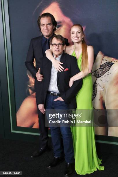Michael Shannon, guest, and Jessica Chastain attend Showtime's "George & Tammy" premiere event at Goya Studios on November 21, 2022 in Los Angeles,...