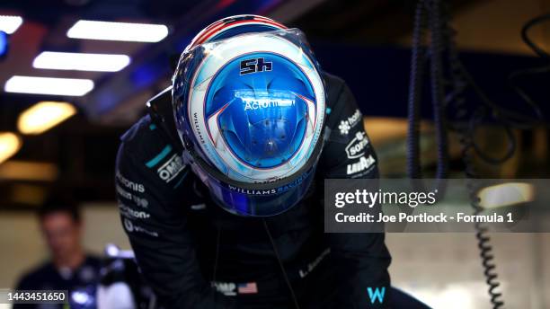 Logan Sargeant of United States and Williams prepares to drive to drive during Formula 1 testing at Yas Marina Circuit on November 22, 2022 in Abu...