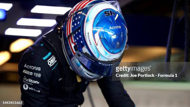 Logan Sargeant of United States and Williams prepares to drive to drive during Formula 1 testing at Yas Marina Circuit on November 22, 2022 in Abu...