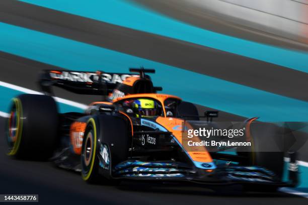 Lando Norris of Great Britain driving the McLaren MCL36 Mercedes on track during Formula 1 testing at Yas Marina Circuit on November 22, 2022 in Abu...