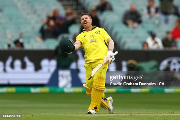 David Warner of Australia celebrates reaching 100 runs during game three of the One Day International series between Australia and England at...