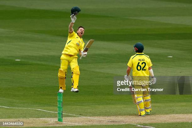David Warner of Australia celebrates after scoring 100 runs during game three of the One Day International series between Australia and England at...
