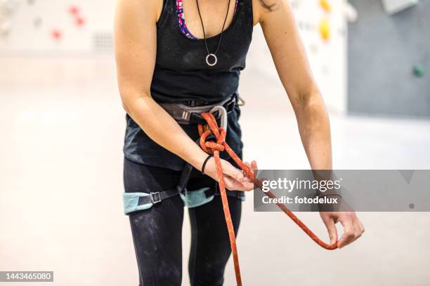 female climber ties a safety knot on the harness before climbing the artificial wall - belaying stock pictures, royalty-free photos & images