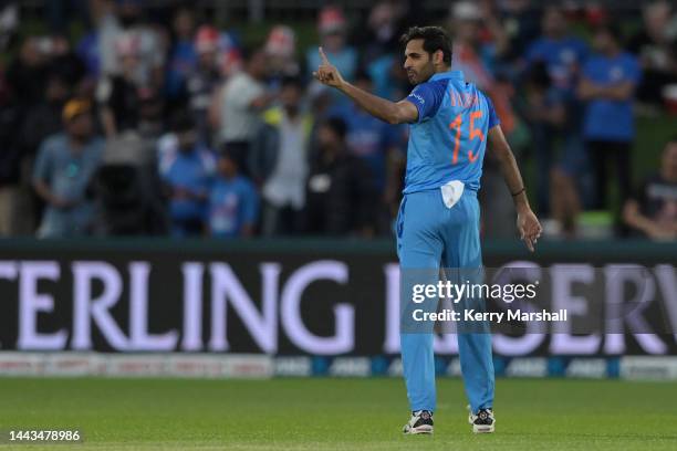 Bhuvneshwar Kumar of India during game three of the T20 International series between New Zealand and India at McLean Park on November 22, 2022 in...