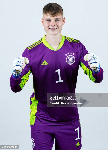Goalkeeper Jonas Urbig of Germany poses during the Germany U20 Men's Studio Portraits at First Inn Zwickau on November 17, 2022 in Zwickau, Germany.