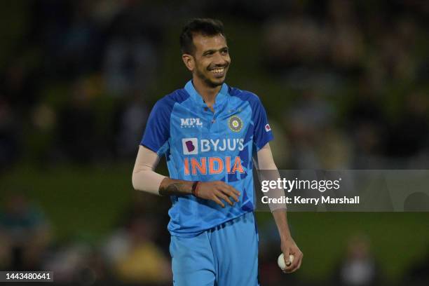 Yuzvendra Chahal of Indiain action during game three of the T20 International series between New Zealand and India at McLean Park on November 22,...