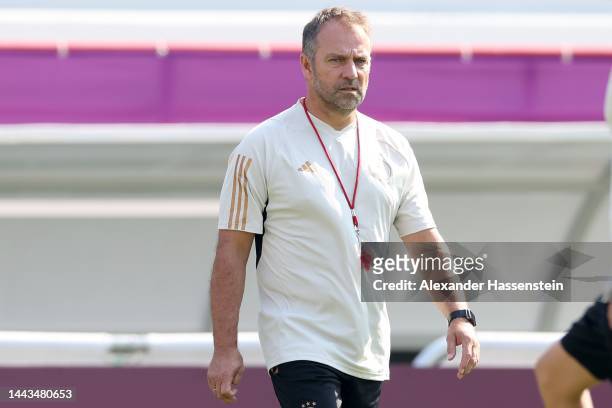 Hans-Dieter Flick, head coach of Germany looks on during the Germany training session at Al Shamal Stadium on November 22, 2022 in Al Ruwais, Qatar.