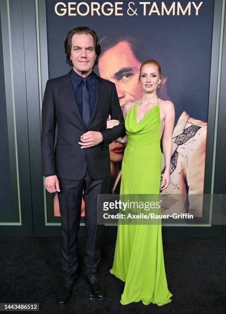 Michael Shannon and Jessica Chastain attend Showtime's "George & Tammy" Premiere Event at Goya Studios on November 21, 2022 in Los Angeles,...