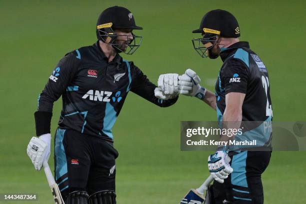 Devon Conway and Glenn Phillips of New Zealand during game three of the T20 International series between New Zealand and India at McLean Park on...