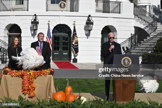President Joe Biden pardons turkeys named Chocolate and Chip at the White House ahead of Thanksgiving on November 21, 2022 in Washington, DC.