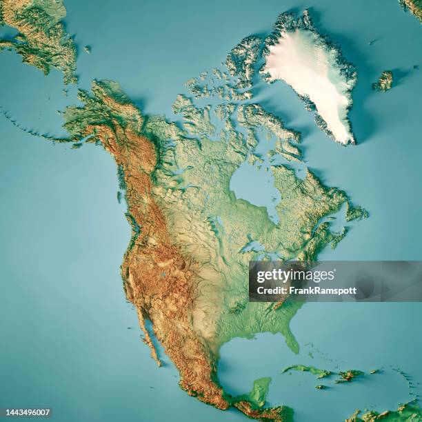mapa topográfico de américa del norte 3d render color - américa del norte fotografías e imágenes de stock