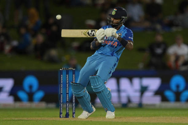 Hardik Pandya of India in action during game three of the T20 International series between New Zealand and India at McLean Park on November 22, 2022...