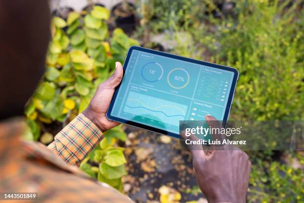 man updating plants growth on digital tablet app in garden center - data center stockfoto's en -beelden