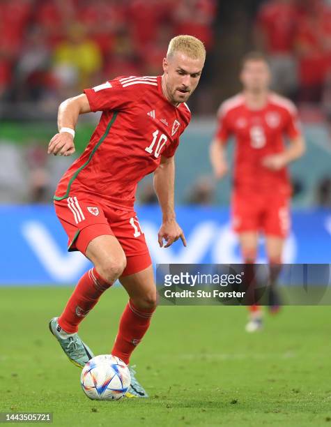 Wales player Aaron Ramsey in action during the FIFA World Cup Qatar 2022 Group B match between USA and Wales at Ahmad Bin Ali Stadium on November 21,...