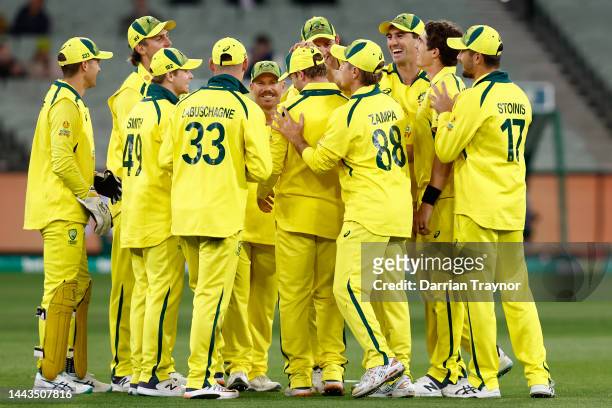 Sean Abbott of Australia celebrates the wicket of James Vince of England during game three of the One Day International series between Australia and...