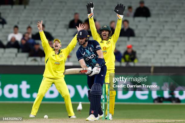 Steve Smith and Alex Carey of Australia appeal for lbw against Chris Woakes of England off the bowling of Adam Zampa of Australia during game three...