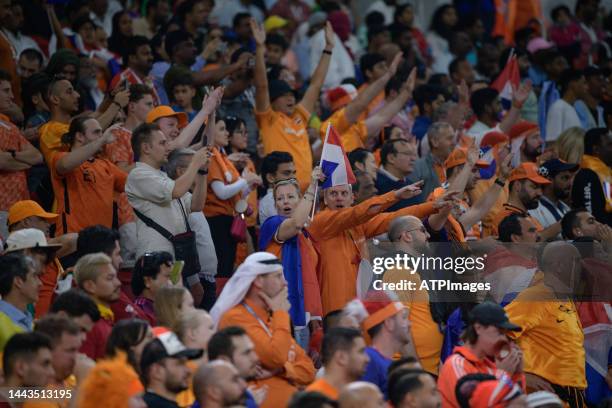 Fans of Netherlands in action during the FIFA World Cup Qatar 2022 Group A match between Senegal and Netherlands at Al Thumama Stadium on November...