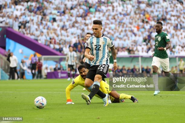 Lautaro Martinez of Argentina scores a goal past Mohammed Al-Owais of Saudi Arabia which was ruled offside during the FIFA World Cup Qatar 2022 Group...
