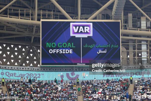 The LED board shows the VAR decision to rule out a goal by Lautaro Martinez due to an offside during the FIFA World Cup Qatar 2022 Group C match...