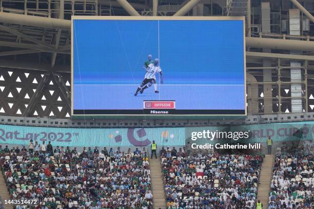 The LED board shows a decision to rule out a goal by Lautaro Martinez of Argentina due to an offside during the FIFA World Cup Qatar 2022 Group C...
