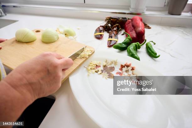 woman throwing pieces of garlic with a paella knife on a plate - ingredientes stock-fotos und bilder