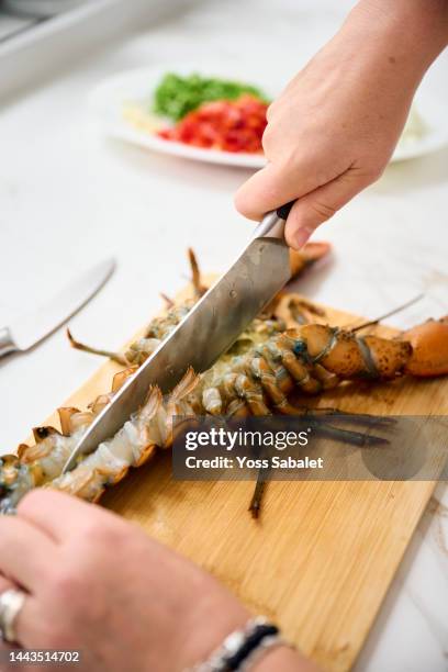 housewife splitting a lobster for the paella - ingredientes stock-fotos und bilder