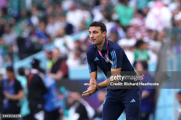 Lionel Scaloni, Head Coach of Argentina, gives their team instructions during the FIFA World Cup Qatar 2022 Group C match between Argentina and Saudi...