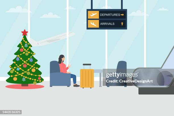 bildbanksillustrationer, clip art samt tecknat material och ikoner med christmas vacation concept. young woman drinking coffee and waiting for flight in airport . airport with christmas tree, ornaments and flying airplane through the window - lounge chair