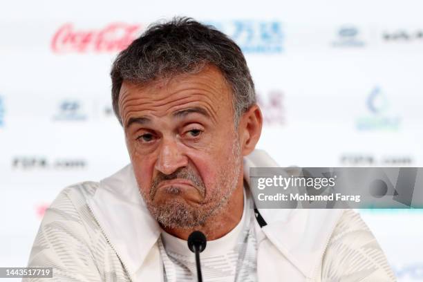 Luis Enrique, Head Coach of Spain, reacts during the Spain Press Conference at Main Media Center on November 22, 2022 in Doha, Qatar.