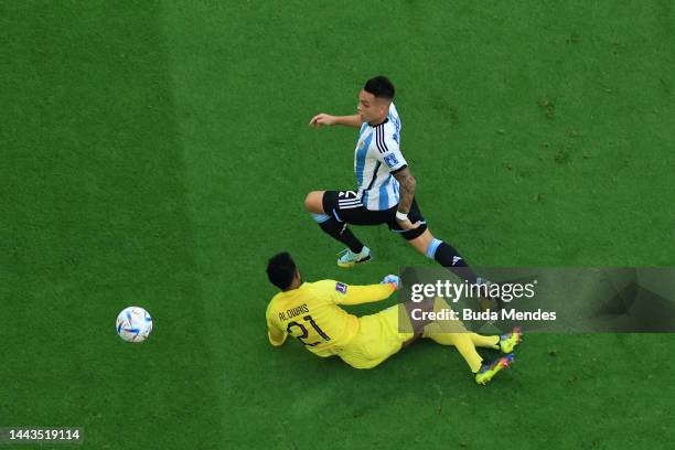 Lautaro Martinez of Argentina scores a goal past Mohammed Al-Owais of Saudi Arabia which was ruled offside during the FIFA World Cup Qatar 2022 Group...