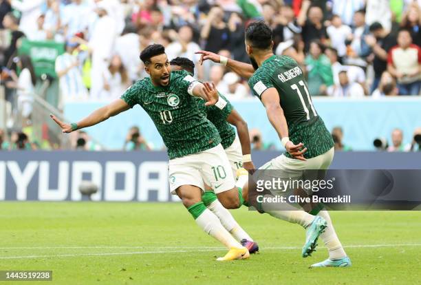 Salem Al-Dawsari of Saudi Arabia celebrates after scoring their team's second goal during the FIFA World Cup Qatar 2022 Group C match between...