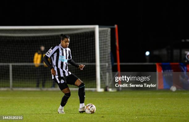 Jordan Hackett of Newcastle United passes the ball during the Premier League 2 match between Newcastle United and Crystal Palace at Whitley Park on...