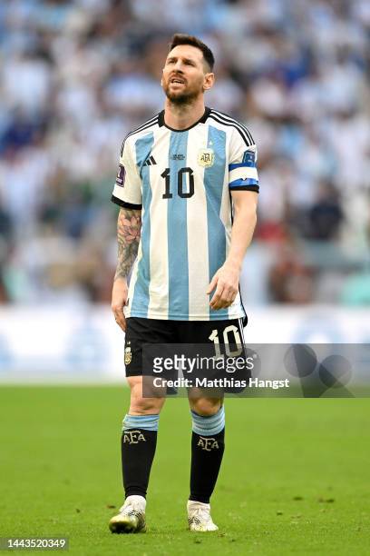 Lionel Messi of Argentina shows their dejection after Saudi Arabia's second goal during the FIFA World Cup Qatar 2022 Group C match between Argentina...