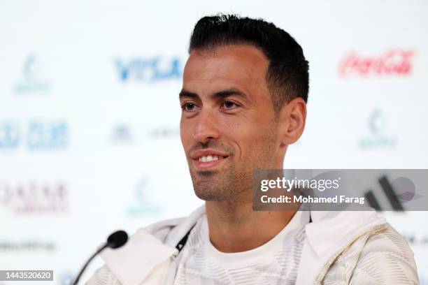Sergio Busquets of Spain reacts during the Spain Press Conference at Main Media Center on November 22, 2022 in Doha, Qatar.