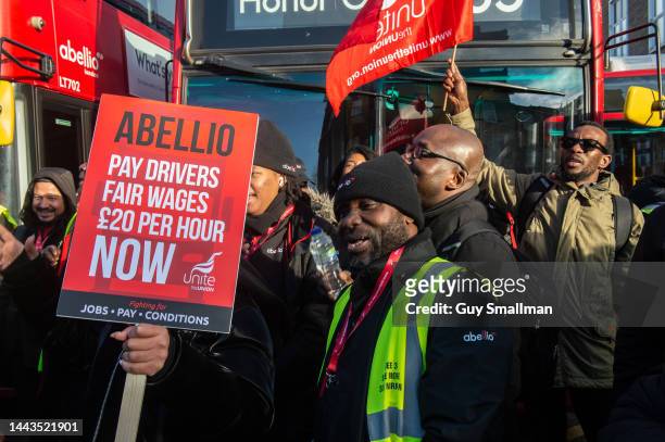 The picket line in Camberwell on November 22, 2022 in London, England. The drivers, represented by the UNITE union, announced 10 days of strike...