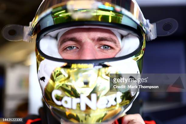 Max Verstappen of the Netherlands and Oracle Red Bull Racing looks on in the garage during Formula 1 testing at Yas Marina Circuit on November 22,...
