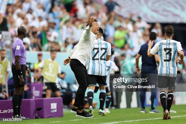 Herve Renard, Head Coach of Saudi Arabia, celebrates their team's first goal by Saleh Al-Shehri during the FIFA World Cup Qatar 2022 Group C match...