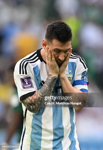 Lionel Messi of Argentina shows dejection during the FIFA World Cup Qatar 2022 Group C match between Argentina and Saudi Arabia at Lusail Stadium on...