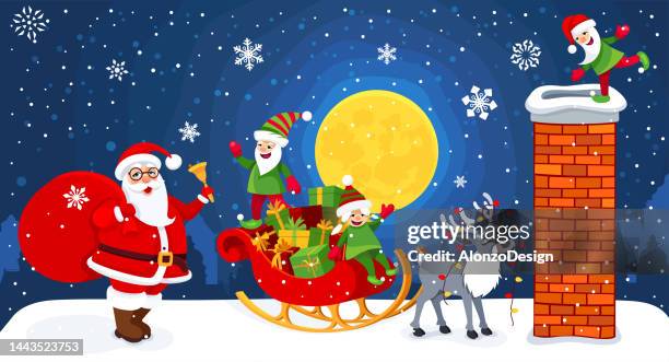 der weihnachtsmann und seine elfen auf dem dach. weihnachtsbanner. - elf stock-grafiken, -clipart, -cartoons und -symbole