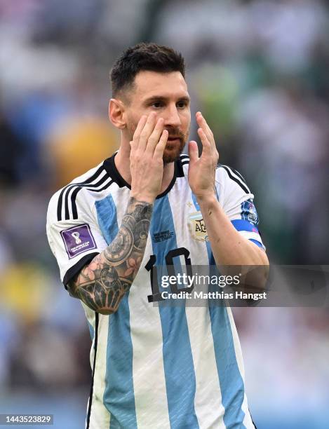 Lionel Messi of Argentina shows dejection during the FIFA World Cup Qatar 2022 Group C match between Argentina and Saudi Arabia at Lusail Stadium on...