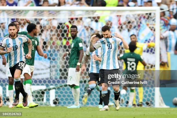 Lionel Messi of Argentina shows dejection during the FIFA World Cup Qatar 2022 Group C match between Argentina and Saudi Arabia at Lusail Stadium on...